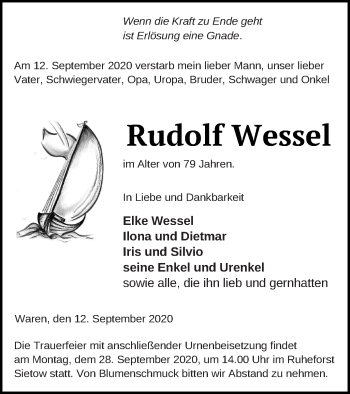 Traueranzeige von Rudolf Wessel von Müritz-Zeitung