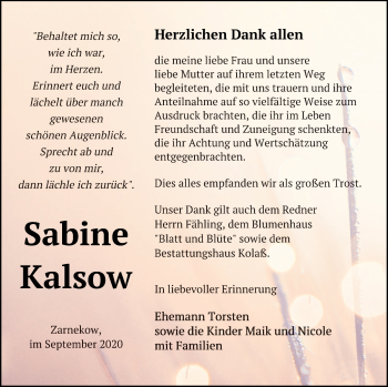 Traueranzeige von Sabine Kalsow von Mecklenburger Schweiz