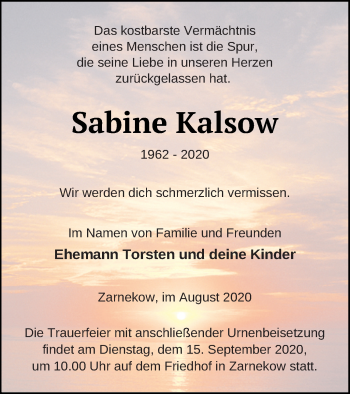 Traueranzeige von Sabine Kalsow von Mecklenburger Schweiz