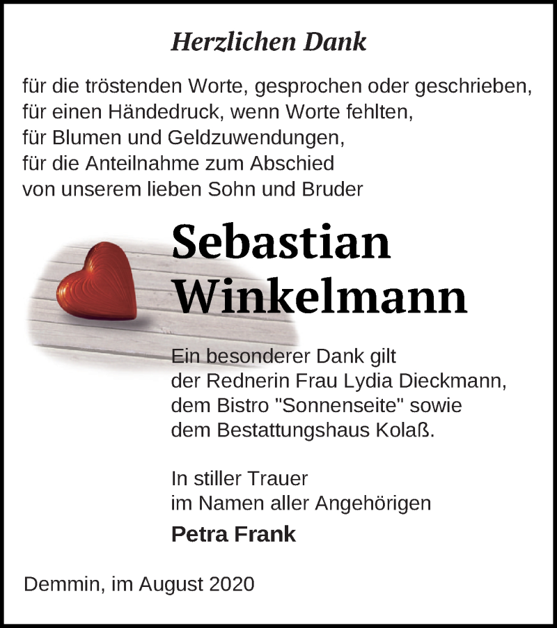  Traueranzeige für Sebastian Winkelmann vom 01.09.2020 aus Demminer Zeitung