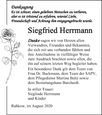 Traueranzeige von Siegfried Herrmann von Vorpommern Kurier