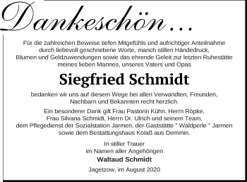 Traueranzeige von Siegfried Schmidt von Vorpommern Kurier