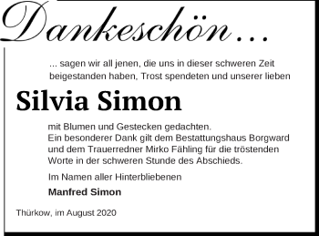 Traueranzeige von Silvia Simon von Mecklenburger Schweiz