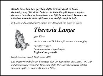 Traueranzeige von Theresia Lange von Pasewalker Zeitung