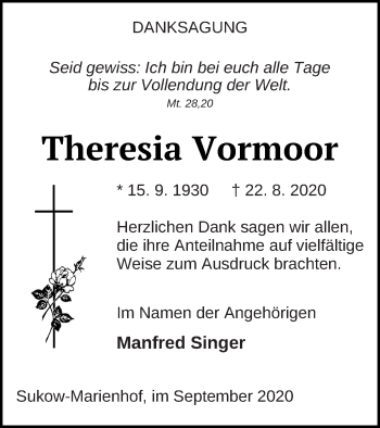 Traueranzeige von Theresia Vormoor von Mecklenburger Schweiz