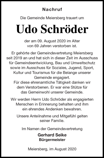 Traueranzeige von Udo Schröder von Haff-Zeitung