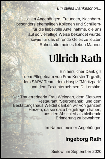 Traueranzeige von Ullrich Rath von Müritz-Zeitung