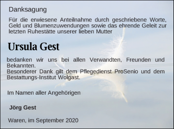 Traueranzeige von Ursula Gest von Müritz-Zeitung