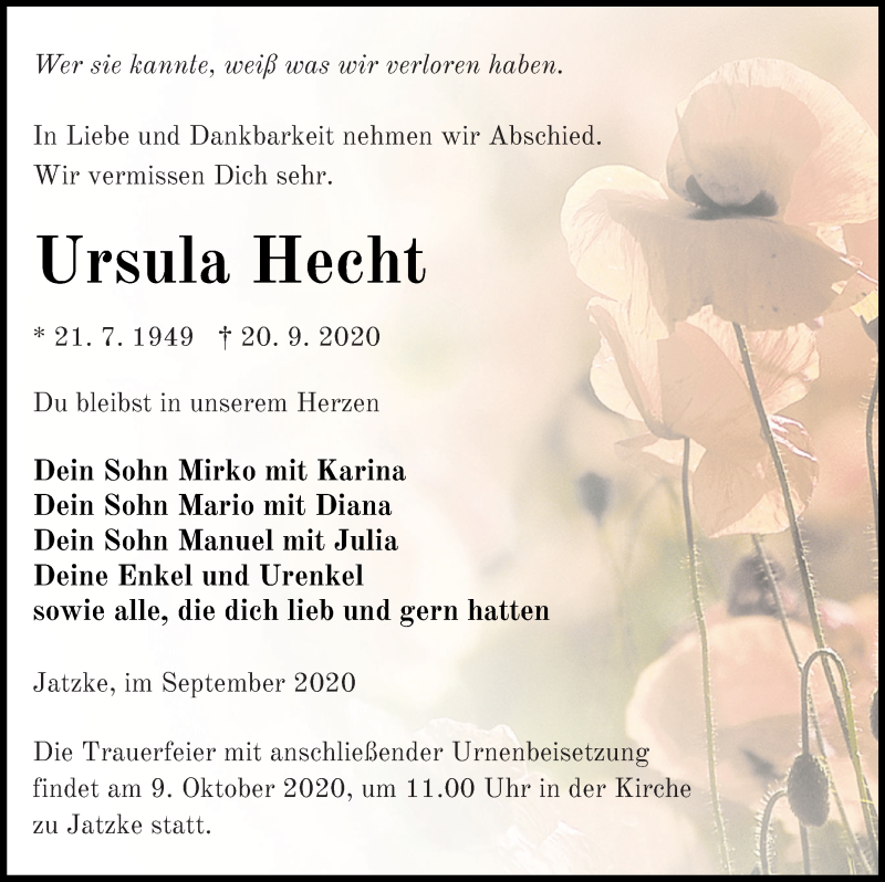  Traueranzeige für Ursula Hecht vom 26.09.2020 aus Neubrandenburger Zeitung