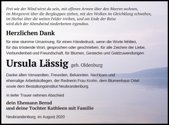 Traueranzeige von Ursula Lässig von Neubrandenburger Zeitung