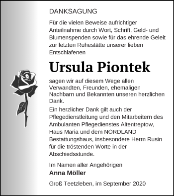 Traueranzeige von Ursula Piontek von Neubrandenburger Zeitung