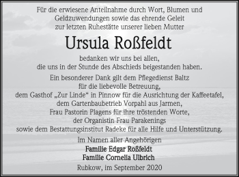 Traueranzeige von Ursula Roßfeldt von Vorpommern Kurier