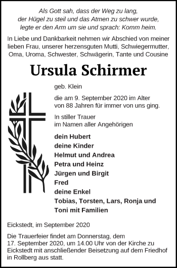 Traueranzeige von Ursula Schirmer von Prenzlauer Zeitung