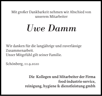 Traueranzeige von Uwe Damm von Ludwigsluster Tageblatt