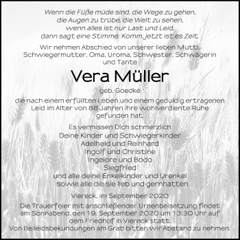 Traueranzeige von Vera Müller von Pasewalker Zeitung