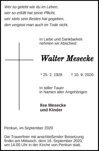 Traueranzeige von Walter Mesecke von Pasewalker Zeitung