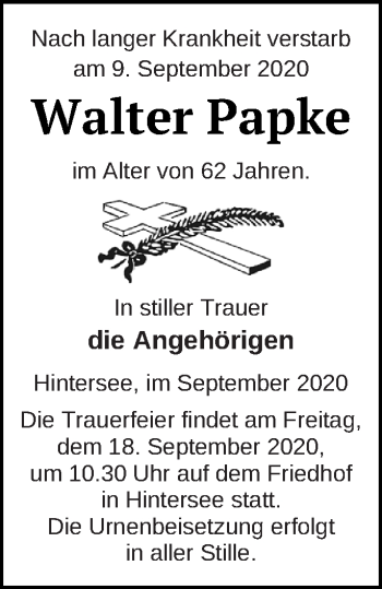 Traueranzeige von Walter Papke von Haff-Zeitung