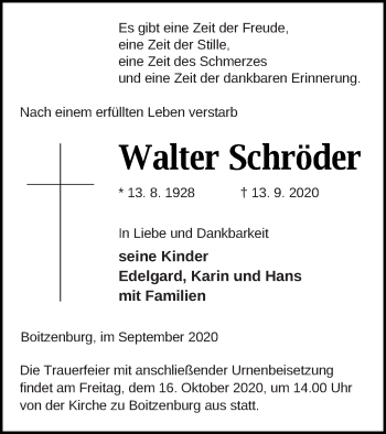 Traueranzeige von Walter Schröder von Templiner Zeitung