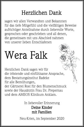 Traueranzeige von Wera Falk von Vorpommern Kurier