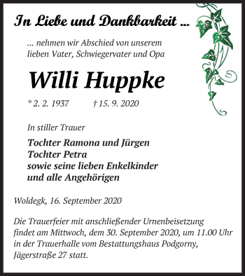 Traueranzeige von Willi Huppke von Strelitzer Zeitung