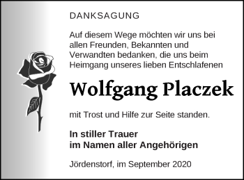 Traueranzeige von Wolfgang Placzek von Mecklenburger Schweiz