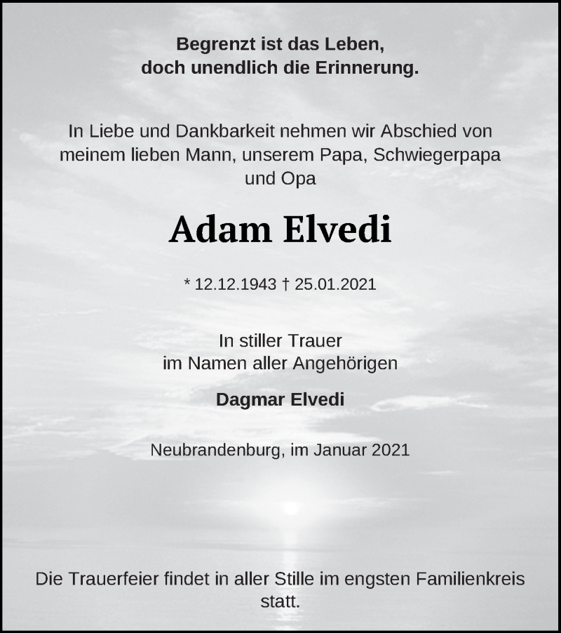  Traueranzeige für Adam Elvedi vom 30.01.2021 aus Neubrandenburger Zeitung