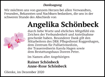 Traueranzeige von Angelika Schönbeck von Neubrandenburger Zeitung