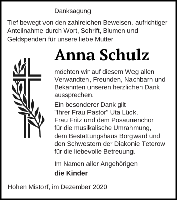 Traueranzeige von Anna Schulz von Mecklenburger Schweiz