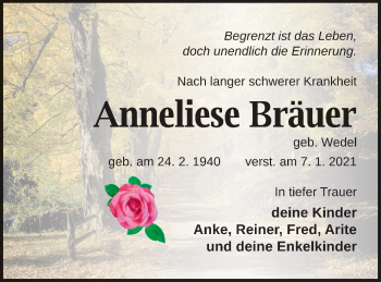 Traueranzeige von Anneliese Bräuer von Vorpommern Kurier