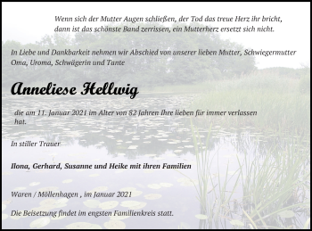 Traueranzeige von Anneliese Hellwig von Müritz-Zeitung
