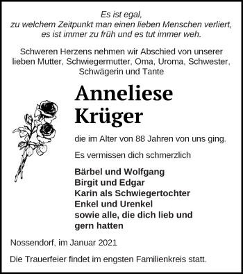 Traueranzeige von Anneliese Krüger von Demminer Zeitung