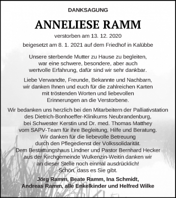 Traueranzeige von Anneliese Ramm von Neubrandenburger Zeitung