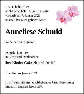 Traueranzeige von Anneliese Schmid von Pasewalker Zeitung