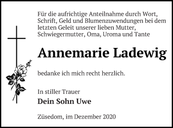 Traueranzeige von Annemarie Ladewig von Pasewalker Zeitung