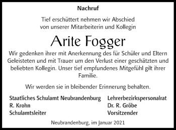 Traueranzeige von Arite Fogger von Müritz-Zeitung