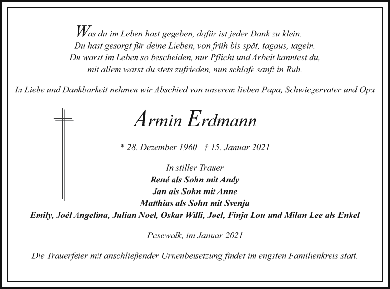  Traueranzeige für Armin Erdmann vom 22.01.2021 aus Pasewalker Zeitung
