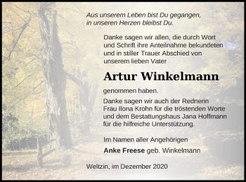 Traueranzeige von Artur Winkelmann von Neubrandenburger Zeitung