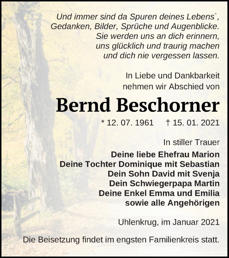  Traueranzeige für Bernd Beschorner vom 22.01.2021 aus Pasewalker Zeitung