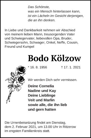 Traueranzeige von Bodo Kölzow von Mecklenburger Schweiz