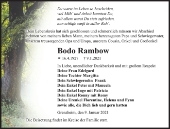 Traueranzeige von Bodo Rambow von Der Prignitzer