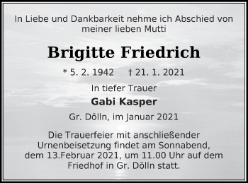 Traueranzeige von Brigitte Friedrich von Templiner Zeitung