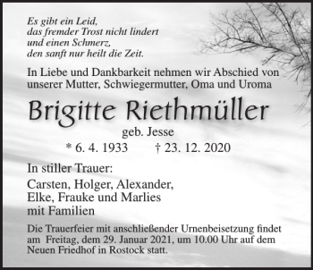 Traueranzeige von Brigitte Riethmüller von Norddeutsche Neueste Nachrichten