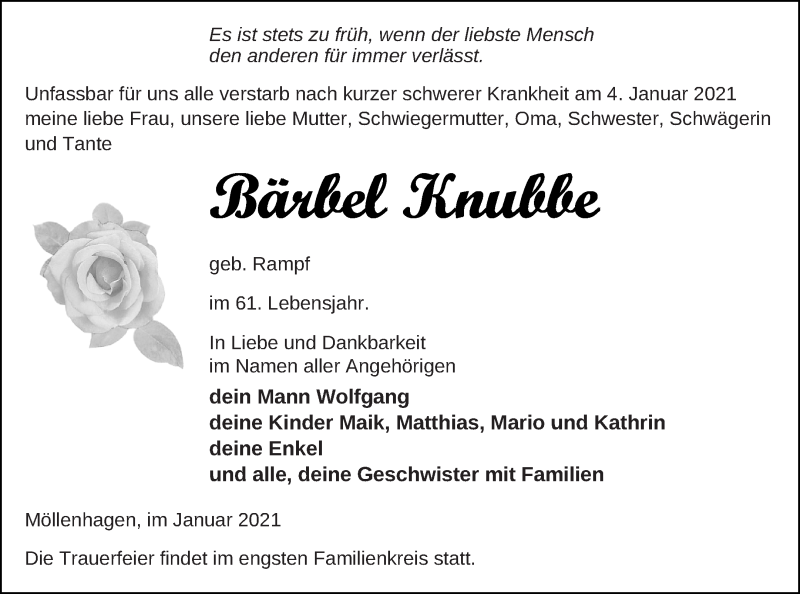  Traueranzeige für Bärbel Knubbe vom 09.01.2021 aus Müritz-Zeitung