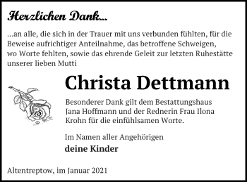 Traueranzeige von Christa Dettmann von Neubrandenburger Zeitung