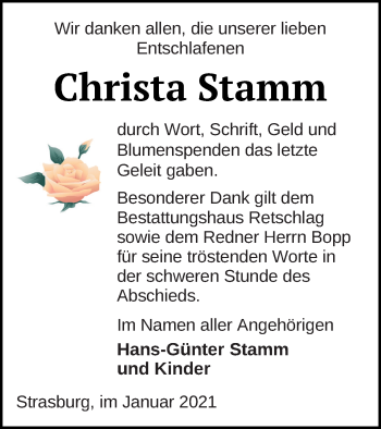 Traueranzeige von Christa Stamm von Pasewalker Zeitung