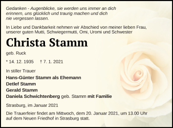 Traueranzeige von Christa Stamm von Pasewalker Zeitung