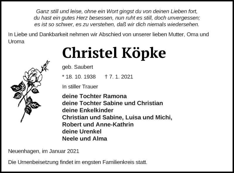  Traueranzeige für Christel Köpke vom 13.01.2021 aus Neubrandenburger Zeitung