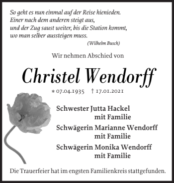 Traueranzeige von Christel Wendorff von Anzeiger für Sternberg - Brüel - Warin