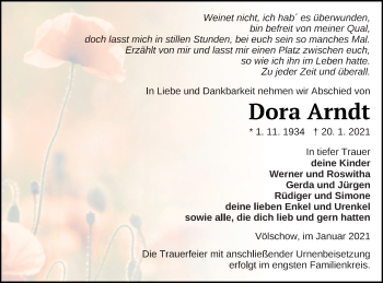 Traueranzeige von Dora Arndt von Vorpommern Kurier