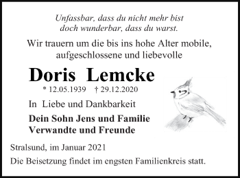 Traueranzeige von Doris Lemcke von Neubrandenburger Zeitung